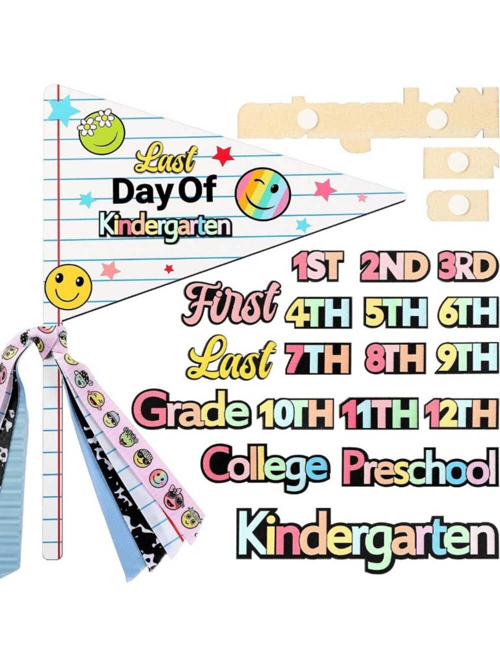 28 Pcs First & Last Day of School Wood Flag Kit - Cute Notebook Style Decor